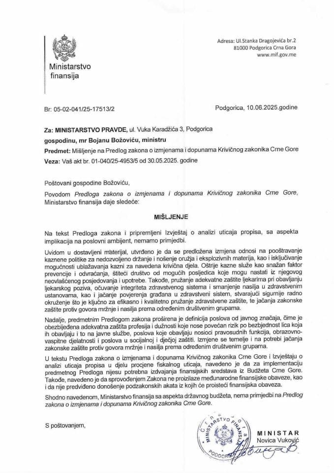 Mišljenje na Krivični zakonik