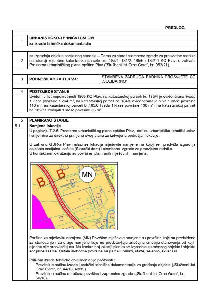 Предлог урбанистичко техничких услова за израду техничке документације за изградњу објекта социјалног старања - Дома за старе и стамбене зграде за просвјетне раднике на локацији коју чине катастарске парцеле бр.: 185/4, 184/2, 185/6 и 182/11 КО Плав