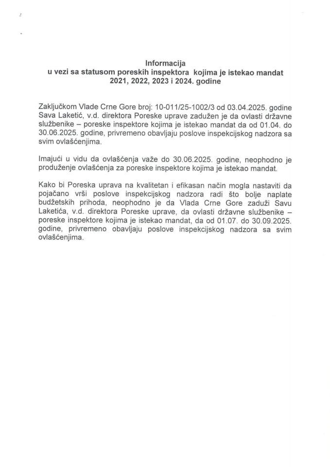 Informacija u vezi sa statusom poreskih inspektora kojima je istekao mandat 2021, 2022, 2023 i 2024. godine