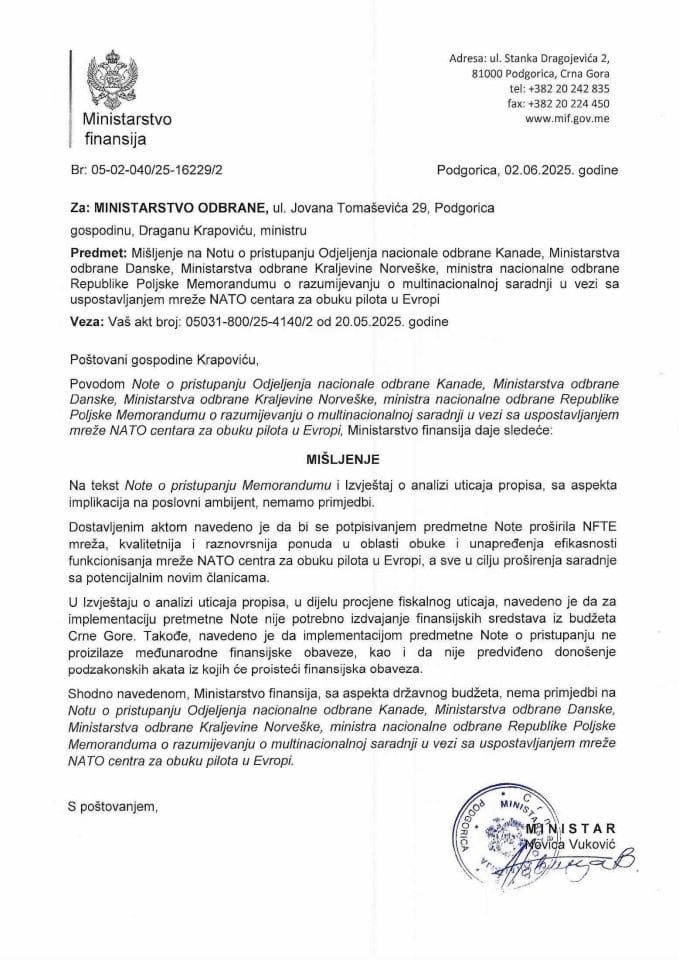 Mišljenje - Nota o pristupanju u vezi sa uspostavljanjem mreže NATO centara za obuku pilota u Evropi