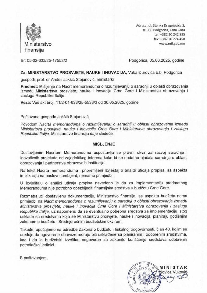 Mišljenje - Memorandum o razumijevanju o saradnji u oblasti obrazovanja između MPNI Crne Gore i Ministarstva obrazovanja i zasluga Republike Italije