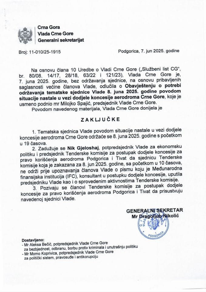 Predlog za održavanje tematske sjednice o sprovedenim aktivnostima u postupku dodjele koncesije za pravo korišćenja aerodroma Podgorica i Tivat - zaključci
