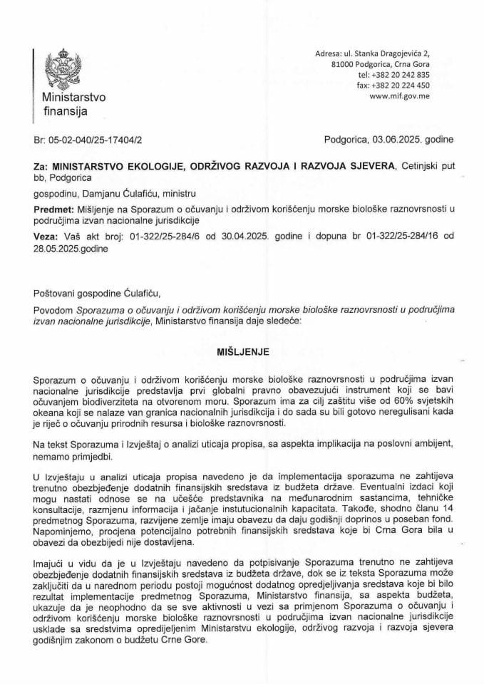 Mišljenje - Informacija o potpisivanju Sporazuma o očuvanju i održivom korišćenju morske biloške raznovrsnosti u području izvan nacionalne jursdikcije