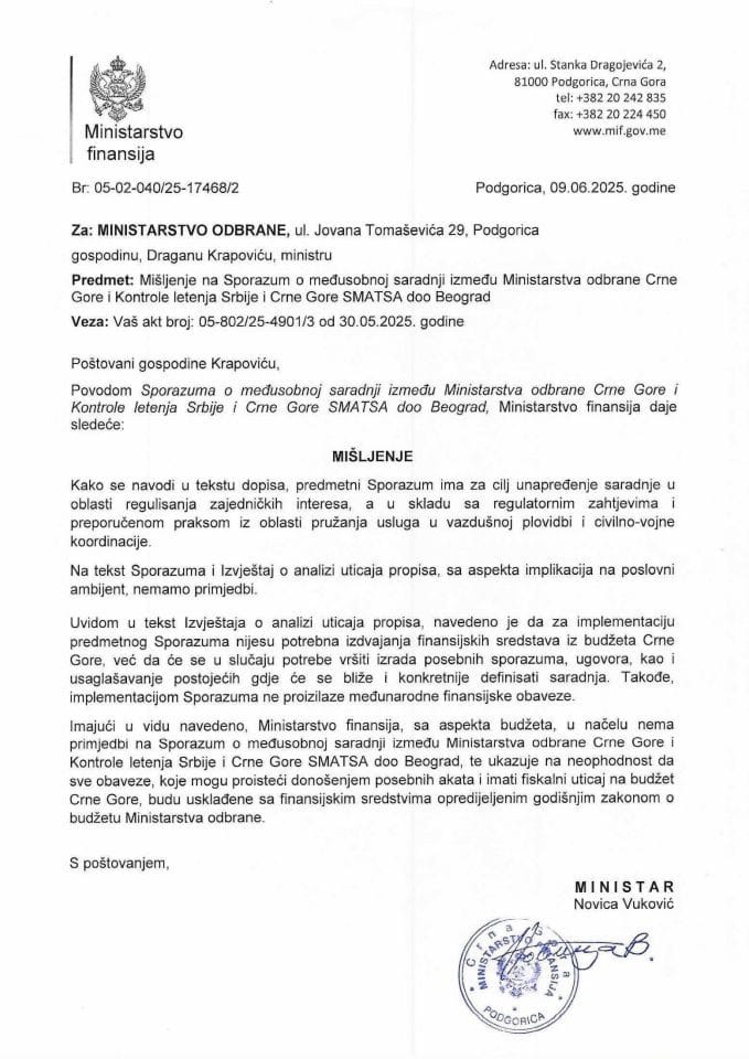 Mišljenje - Sporazum o međusobnoj saradnji između Ministarstva odbrane Crne Gore i Kontrole letenja Srbije i Crne Gore SMATSA doo Beograd