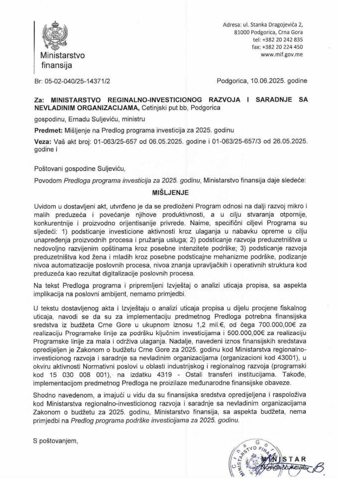 Mišljenje - Predlog programa investicija za 2025. godinu