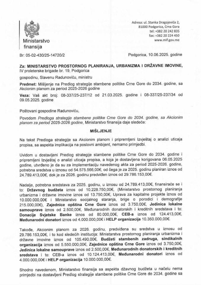Mišljenje - Predlog strategije stambene politike Crne Gore do 2034. godine sa Akcionim planom za sprovođenje strategije za period 2025-2026 godine