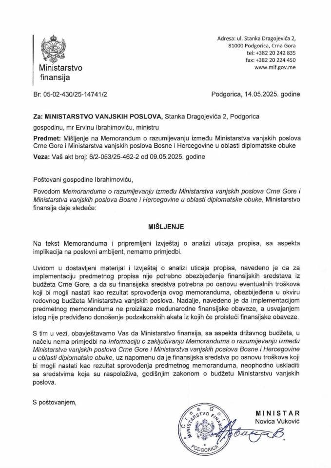 Mišljenje - Informacija o zaključivanju Memoranduma o razumijevanju između MVP Crne Gore i MVP Bosne i Hercegovine u oblasti diploma...