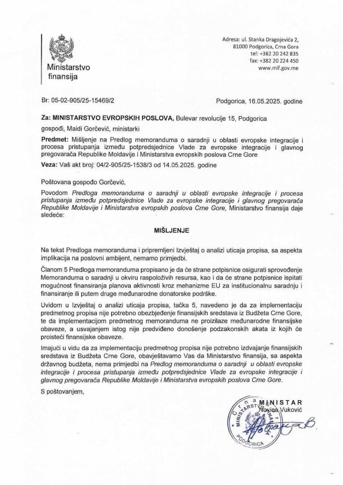 Mišljenje - Predlog memoranduma o saradnji u oblasti evropske integracije i procesa pristupanja između Republike Moldavije i MEP Crne Gore