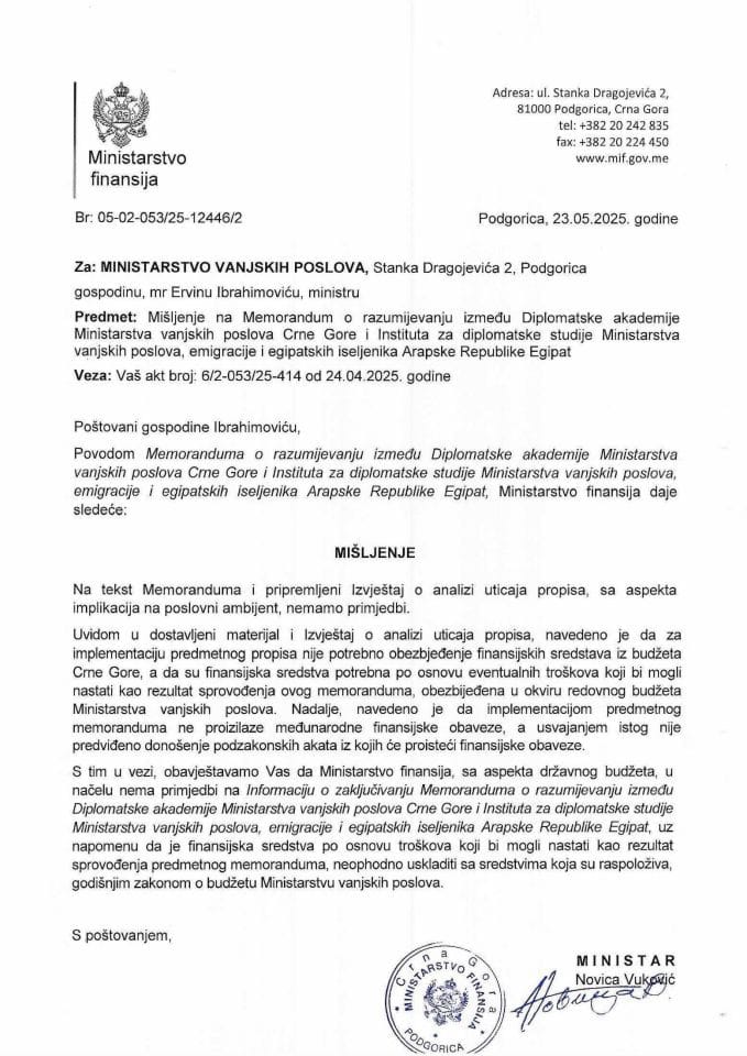 Mišljenje - Memorandum o razumijevanju između Diplomatske akademije MVP CG i Instituta za diplomatske studije Arapske Republike Egipat