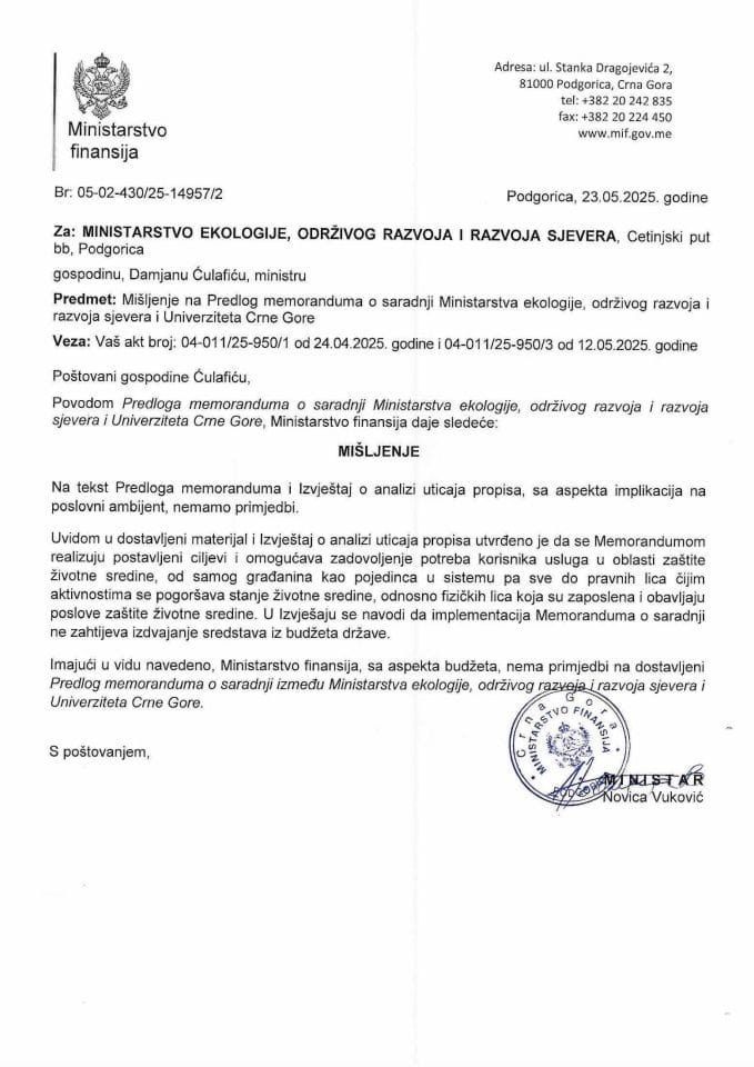 Mišljenje - Memorandum o saradnji Ministarstva ekologije, odrzivog razvoja i razvoja sjevera i Univerziteta Crne Gore