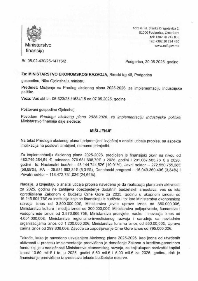 Mišljenje - Predlog akcionog plana 2025-2026. za implementaciju Industrijske politike