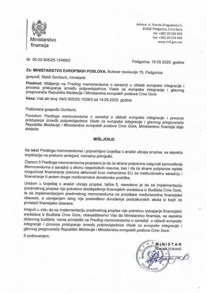 Mišljenje - Predlog memoranduma o saradnji u oblasti evropske integracije i procesa pristupanja između potpredsjednice Vlade