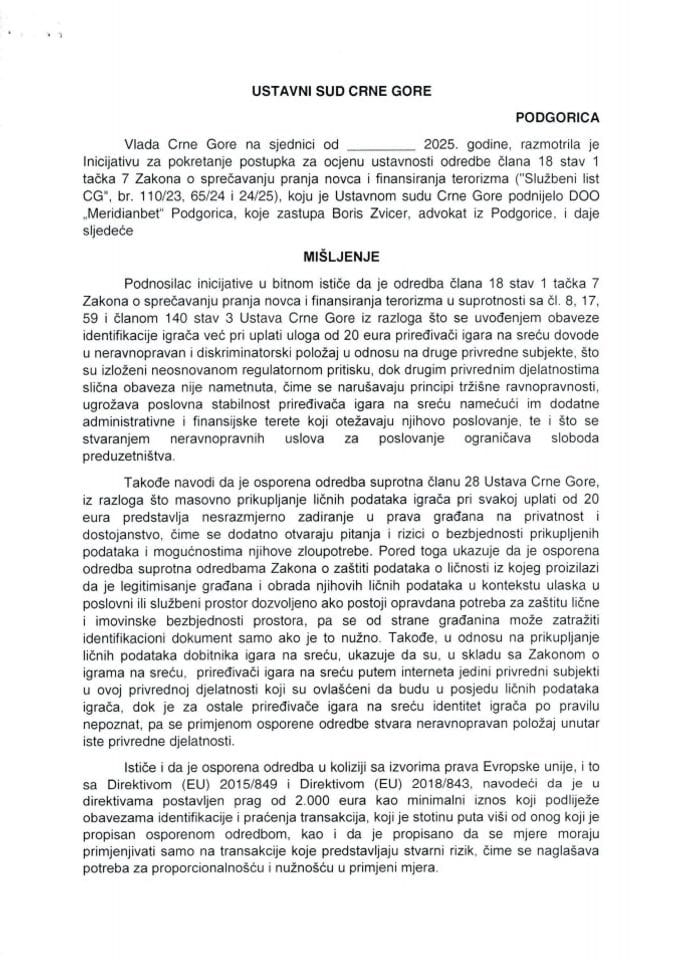 Предлог мишљења на Иницијативу за покретање поступка за оцјену уставности одредбе члана 18 став 1 тачка 7 Закона о спречавању прања новца и финансирања тероризма ("Службени лист ЦГ", бр. 110/23, 65/24 и 24/25)