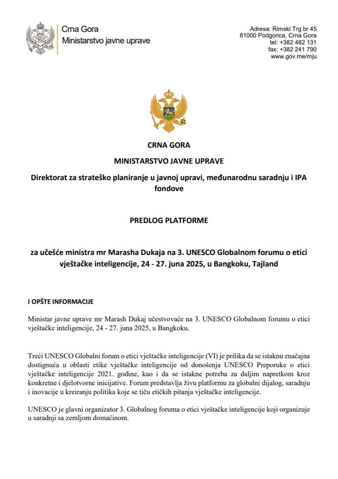 Предлог платформе за учешће министра мр Marasha Dukaja на 3. UNESCO Глобалном форуму о етици вјештаћке интелигенције, 24 - 27. јун 2025, у Бангкоку, Тајланд