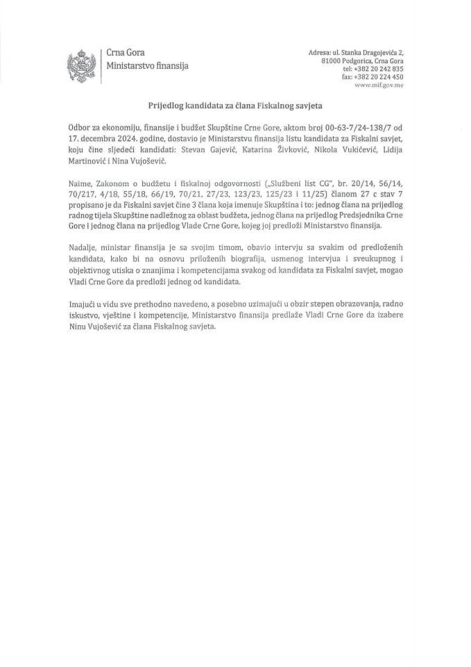 Предлог кандидата за члана Фискалног савјета