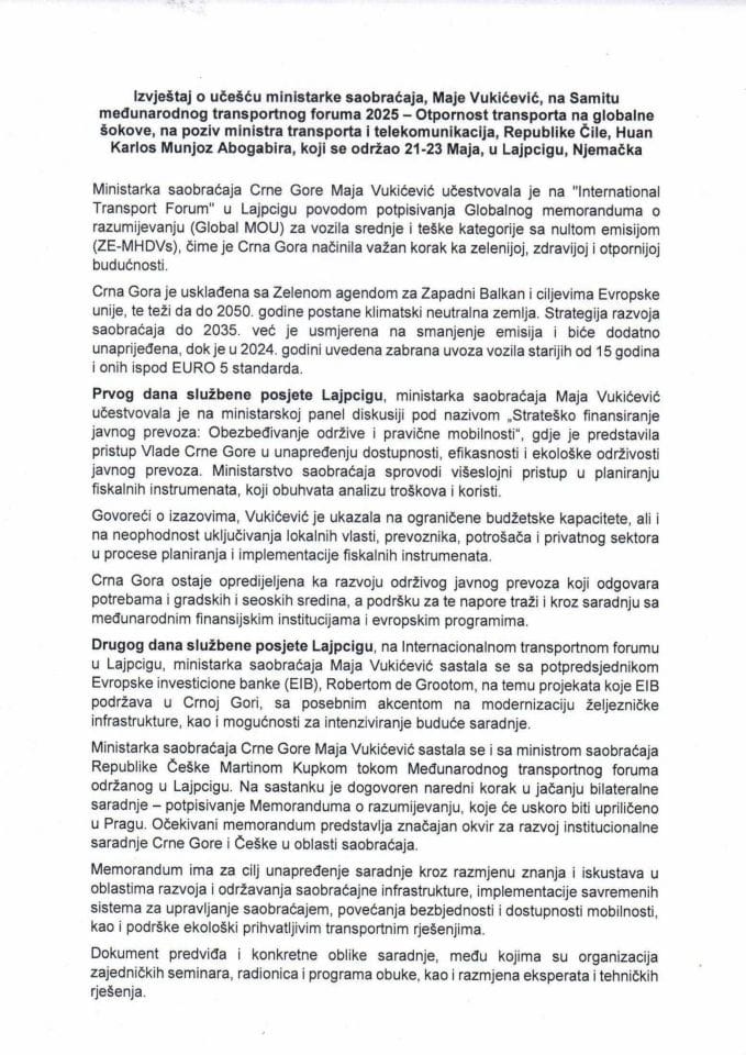 Извјештај о учешћу министарке саобраћаја Маје Вукићевић на Самиту међународног транспортног форума 2025, у Лајпцигу, Њемачка
