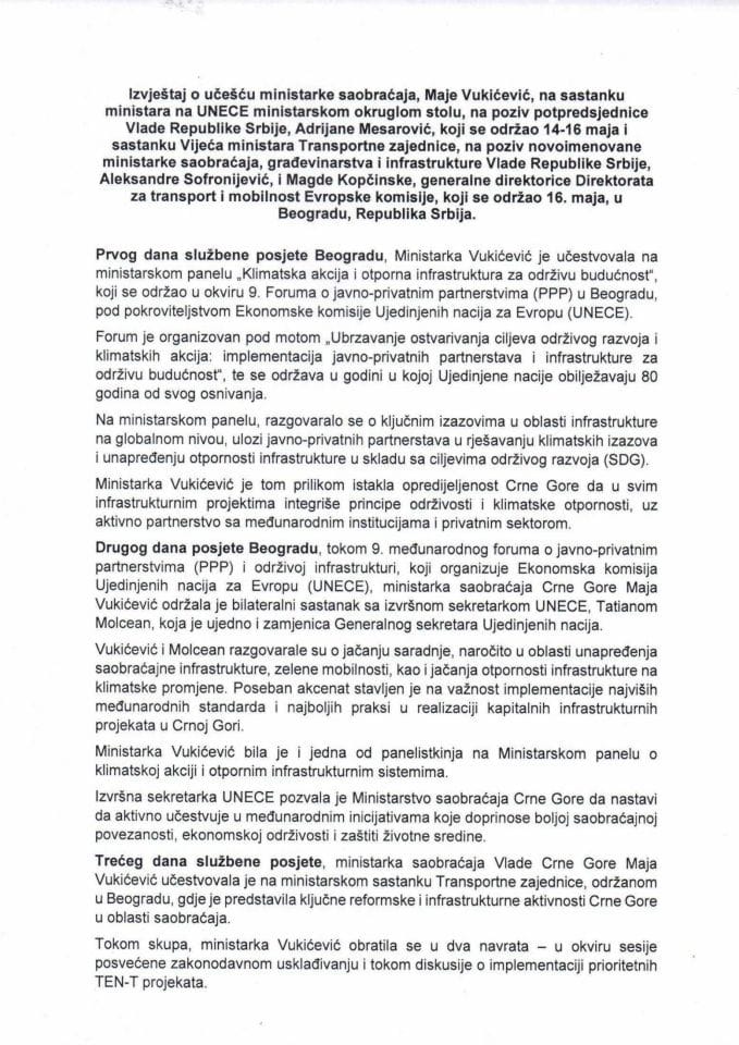 Извјештај о учешћу министарке саобраћаја Маје Вукићевић на састанку министара на UNECE министарском столу, Београд, Република Србија