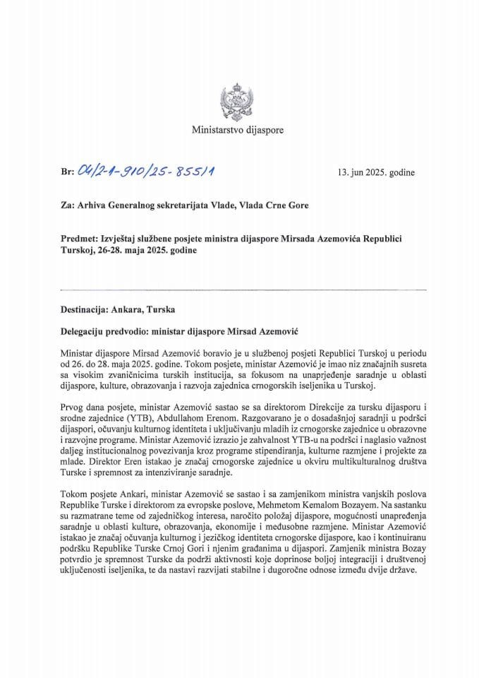 Извјештај службене посјете министра дијаспоре Мирсада Аземовића Републици Турској, 26-28.маја 2025. године