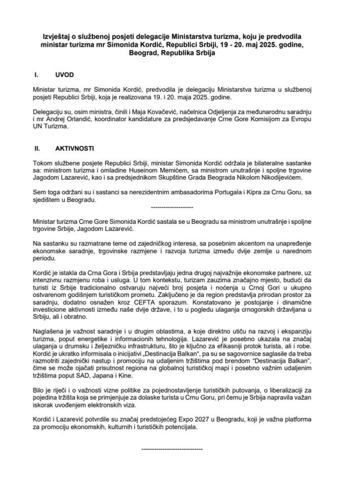 Извјештај о службеној посјети делегације Министарства туризма, коју је предводила министар туризма мр Симонида Кордић, Републици Србији, 19 - 20. мај 2025. године, Београд, Република Србија