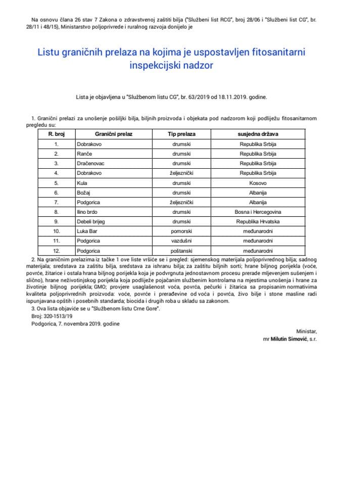 Lista graničnih prelaza na kojima je uspostavljen fitosanitarni inspekcijski nadzor