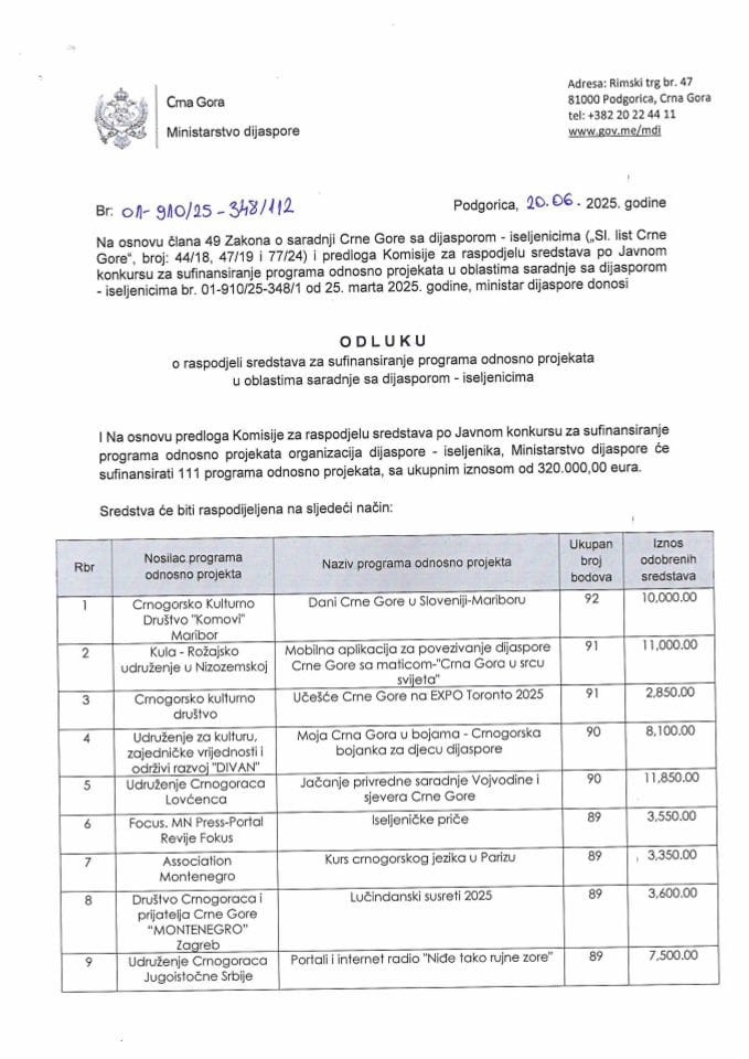 Odluka o raspodjeli sredstava za sufinansiranje programa odnosno projekata u oblastima saradnje sa dijasporom - iseljenicima u 2025. godini