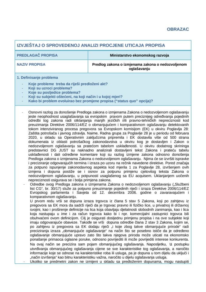 RIA Zakon o izmjenama zakona o nedozvoljenom oglašavanju