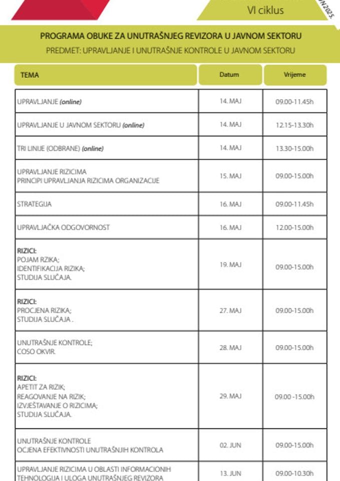 REVIZORI  - Kalendar - Maj-Jun 2025 - Upravljanje i unutrašnje kontrole
