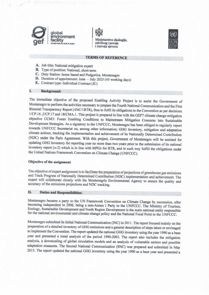 Public announcement for a national mitigation expert - 1 ToR mitigacija FNC BTR