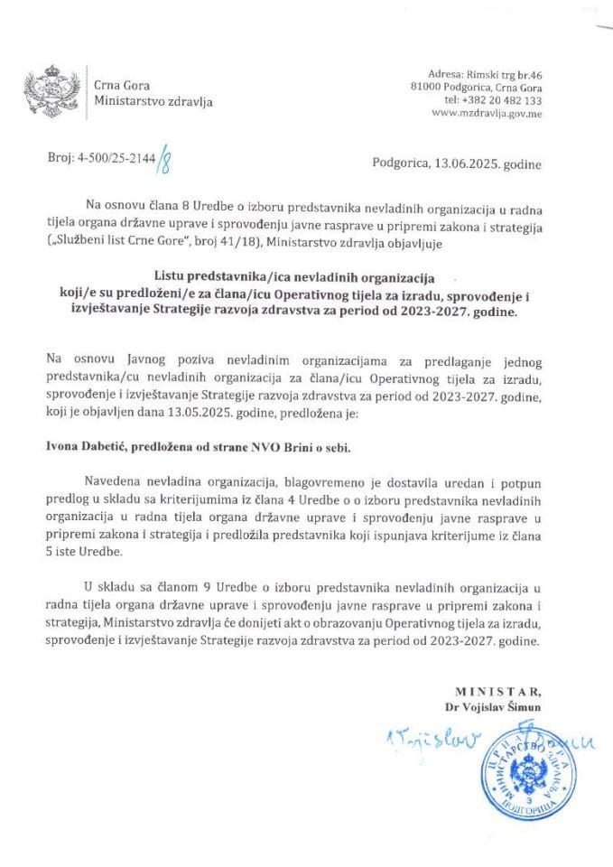 Листа представника/ица НВО који/е су предложени/е за члана/ицу Оперативног тијела за израду, спровођење и извјештавање Стратегије развоја здравства за период од 2023-2027. године.