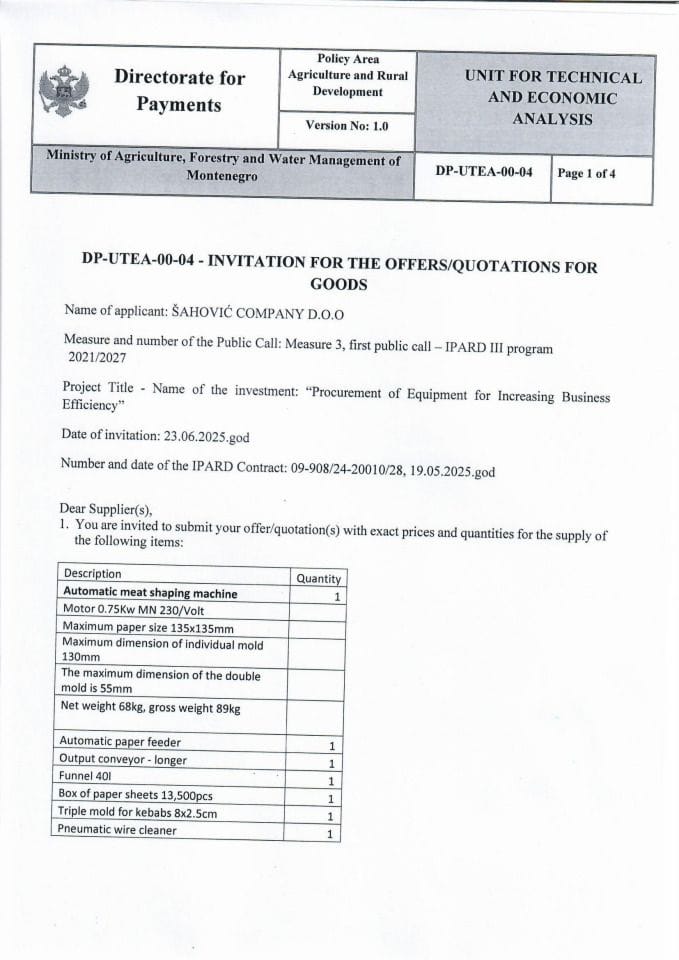 Инвитатион фор тхе офферс фор гоодс - Аутоматиц меат схапинг мацхине 1