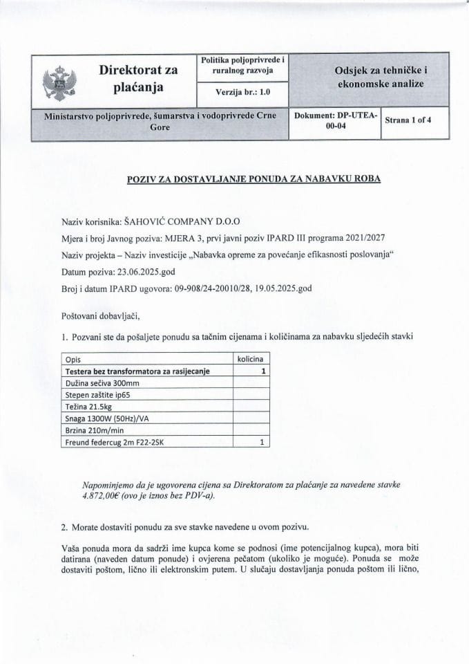 Poziv za dostavljanje ponuda za testeru