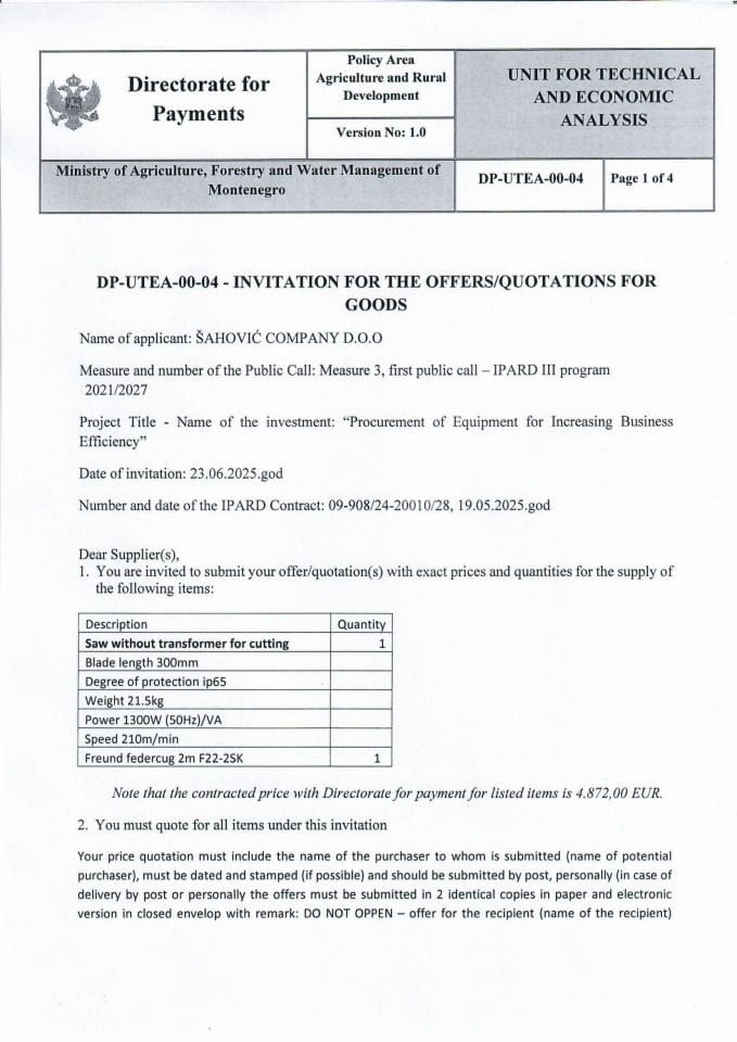 Invitation for the offers for goods - Saw without transformer for cutting 1