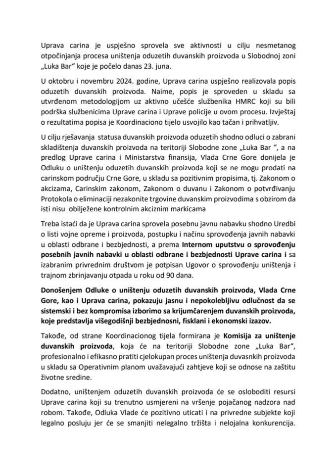 Izjava v.d. direktorke Uprave carina Maje Vučinić povodo početka uništavanja oduzetih duvanskih proizvoda u Slobodnoj zoni „Luka Bar“