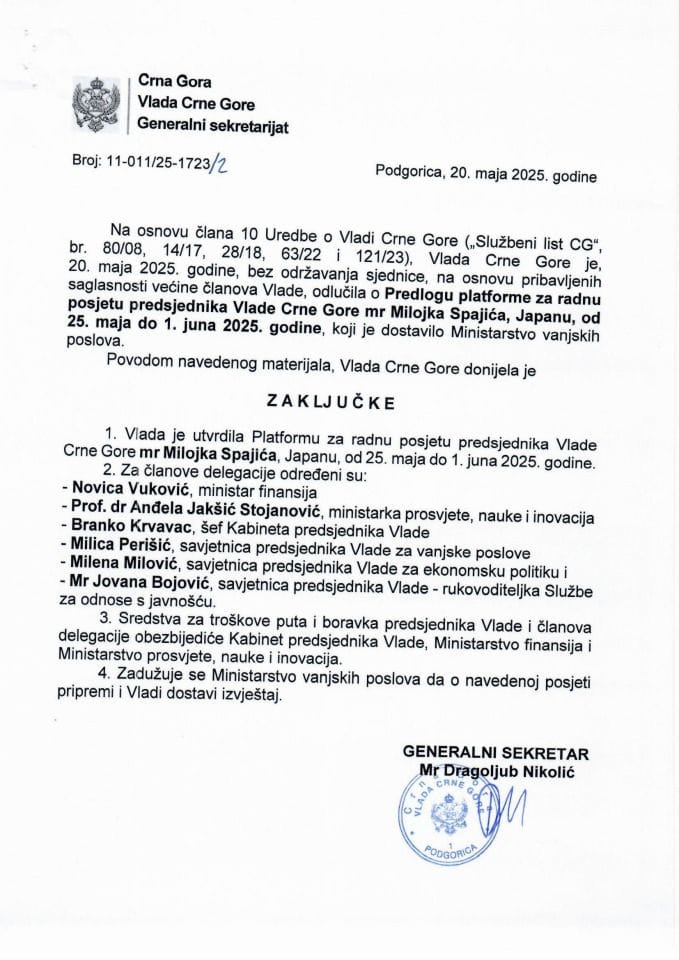 Предлог платформе за радну посјету предсједника Владе Црне Горе мр Милојка Спајића Јапану, од 25. маја до 1. јуна 2025. године - Закључци