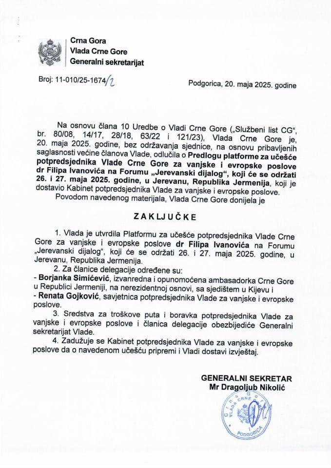 Предлог платформе за учешће потпредсједника Владе Црне Горе за вањске и европске послове др Филипа Ивановића на форуму „Јеревански дијалог“, у Јеревану, Република Јерменија, 26-27. мај 2025. године - Закључци