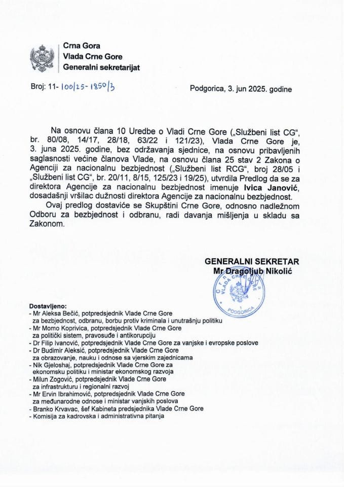 Predlog za imenovanje direktora Agencije za nacionalnu bezbjednost - Zaključci