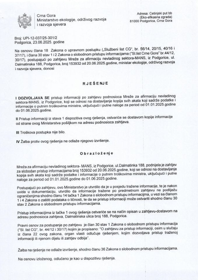 Рјешења - Слободан приступ информацијама - Рјешење о усвајању захтјева НВО МАНС УПИ-12-037-25-301-2