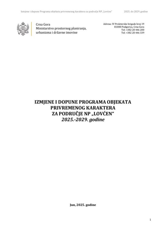 Izmjene i dopune Programa privremenih objekata za NP Lovćen 2025-2029