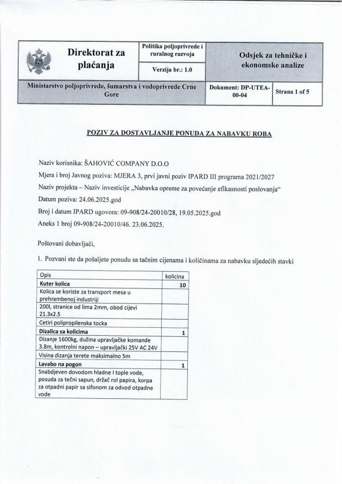 Poziv za dostavljanje ponuda za nabavku roba - oprema