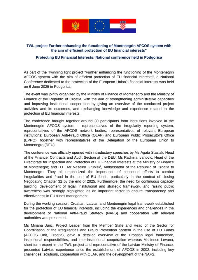 Održana Nacionalna konferencija o zaštiti finansijskih interesa EU - saopštenje za javnost