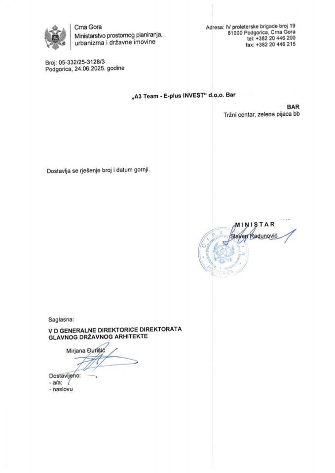 Rješenja glavnog državnog arhitekte - 24.06.2025 Rješenje - A3 Tam i E Plus Invest Bar-Opština Bar