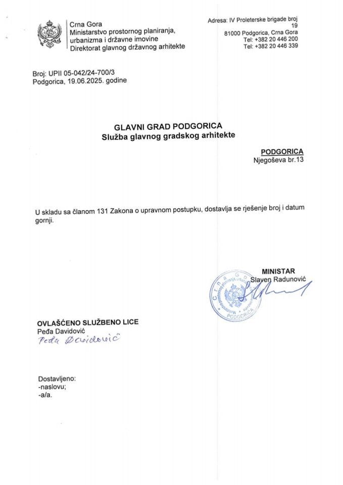 Rješenja po žalbi glavnog državnog arhitekte - 19.06.2025 Rješenje po žalbi -EUROZOX DOO, Danilovgrad -Glavni grad Podgorica