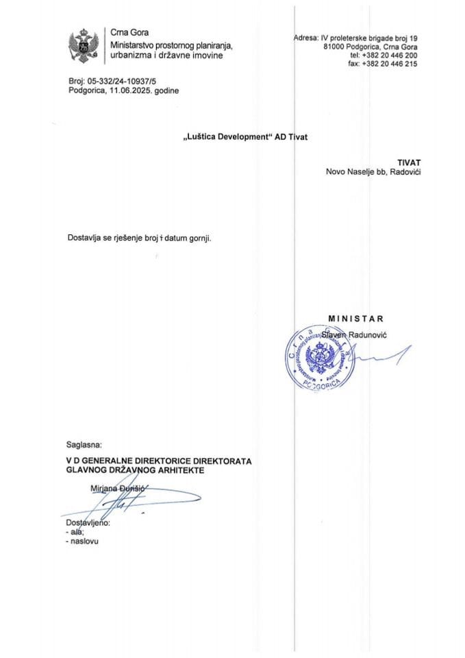 Rješenja glavnog državnog arhitekte - 11.06.2025 Rješenje -LUŠTICA DEVELOPMENT AD, Tivat -Opština Tivat