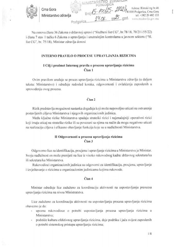 INTERNO PRAVILO O PROCESU UPRAVLJANJA RIZICIMA