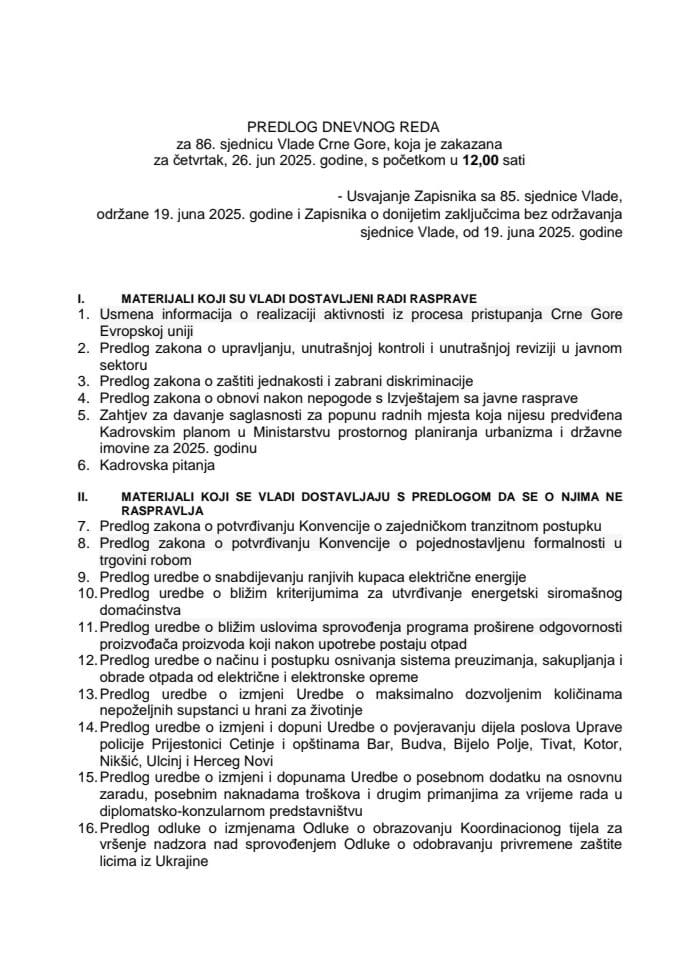 Predlog dnevnog reda za 86. sjednicu Vlade Crne Gore