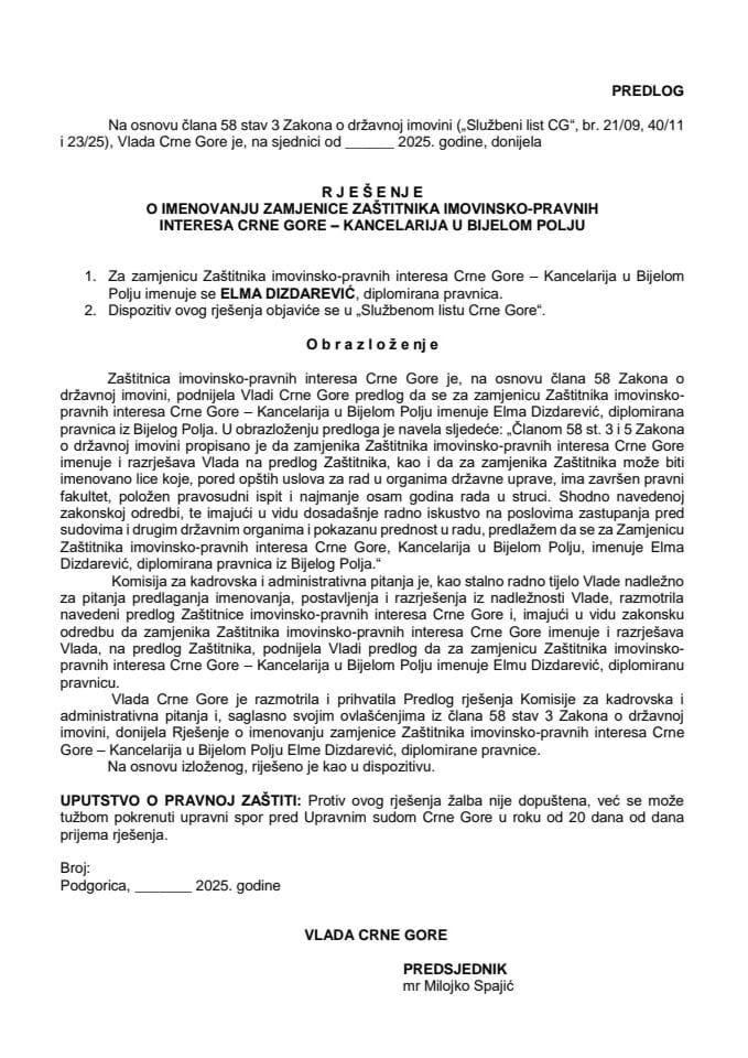 Предлог за именовање замјенице Заштитника имовинско-правних интереса Црне Горе - Канцеларија у Бијелом Пољу