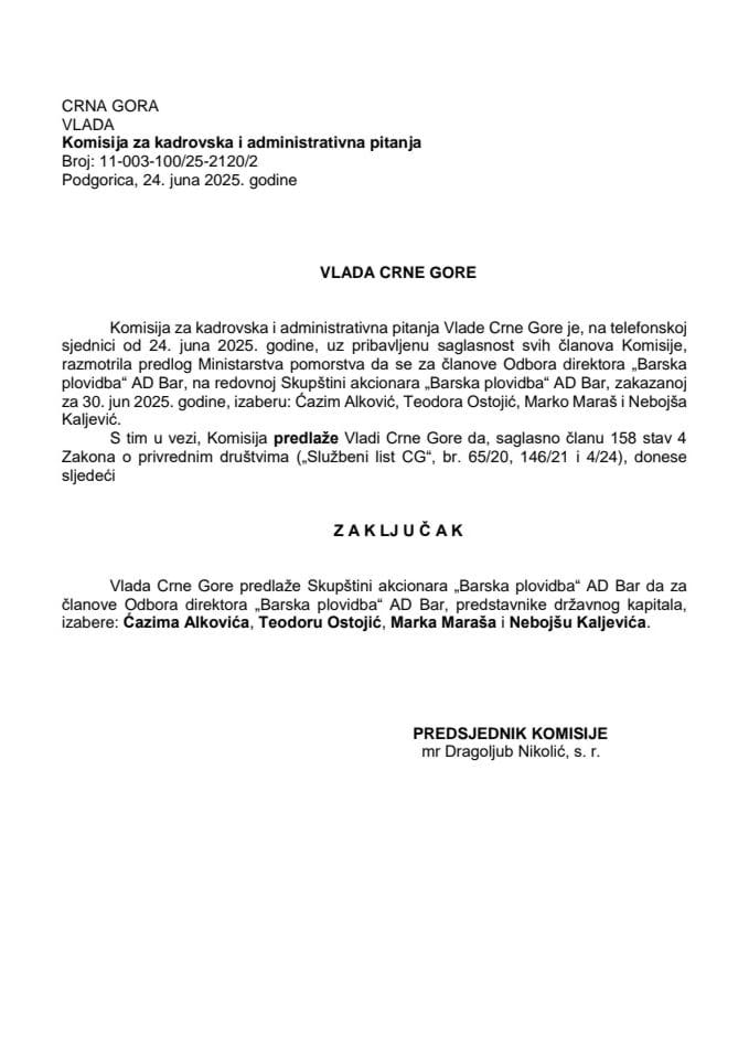 Предлог за избор чланова Одбора директора „Барска пловидба“ АД Бар