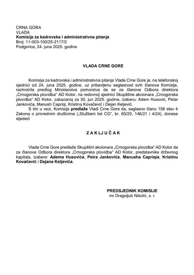 Предлог за избор чланова Одбора директора „Црногорска пловидба“ АД Котор