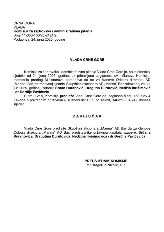 Предлог за избор чланова Одбора директора „Марина“ АД – Бар
