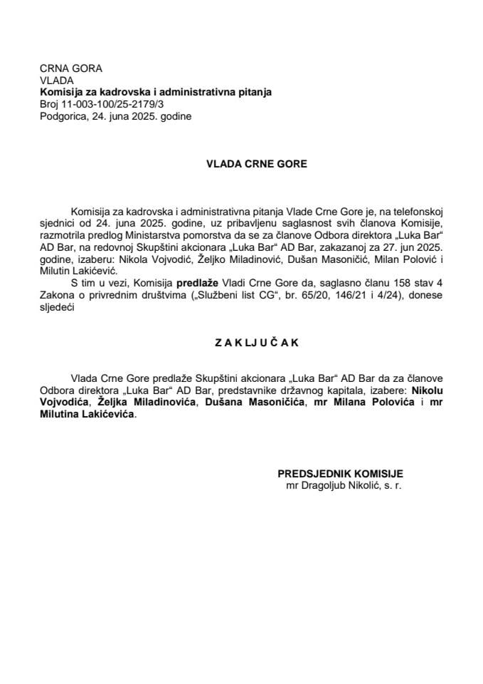 Предлог за избор чланова Одбора директора „Лука Бар“ АД – Бар